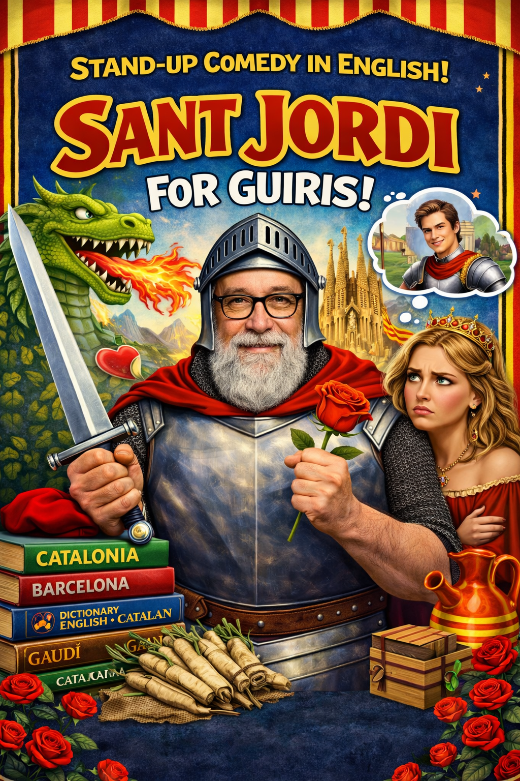 Sant Jordi for Guiris stand-up comedy show in Barcelona featuring a knight, dragon, and Catalan symbols promoting an English comedy night
