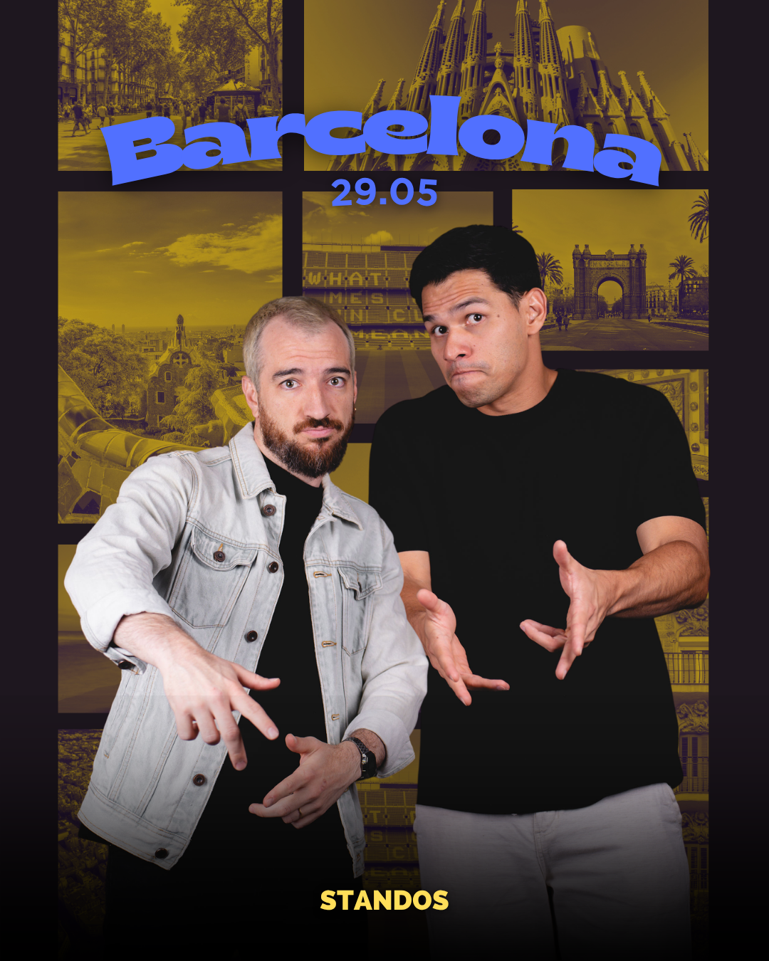 Cartel de STANDOS COMEDY con Jose Angel y Luigi show de crowdwork improvisación y monólogos en Barcelona