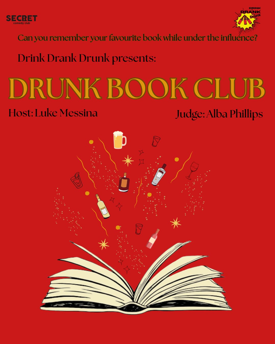 Poster for Drunk Book Club comedy show at Secret Comedy Club Barcelona