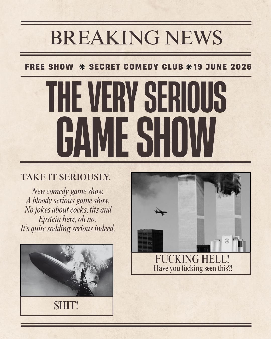 Poster for The Very Serious Game Show comedy panel show at Secret Comedy Club Barcelona