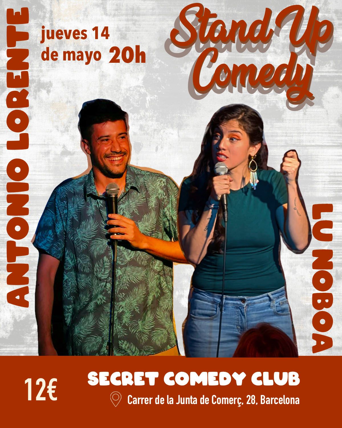 Cartel del show de stand up comedy con Lu Noboa y Antonio Lorente en Secret Comedy Club Barcelona