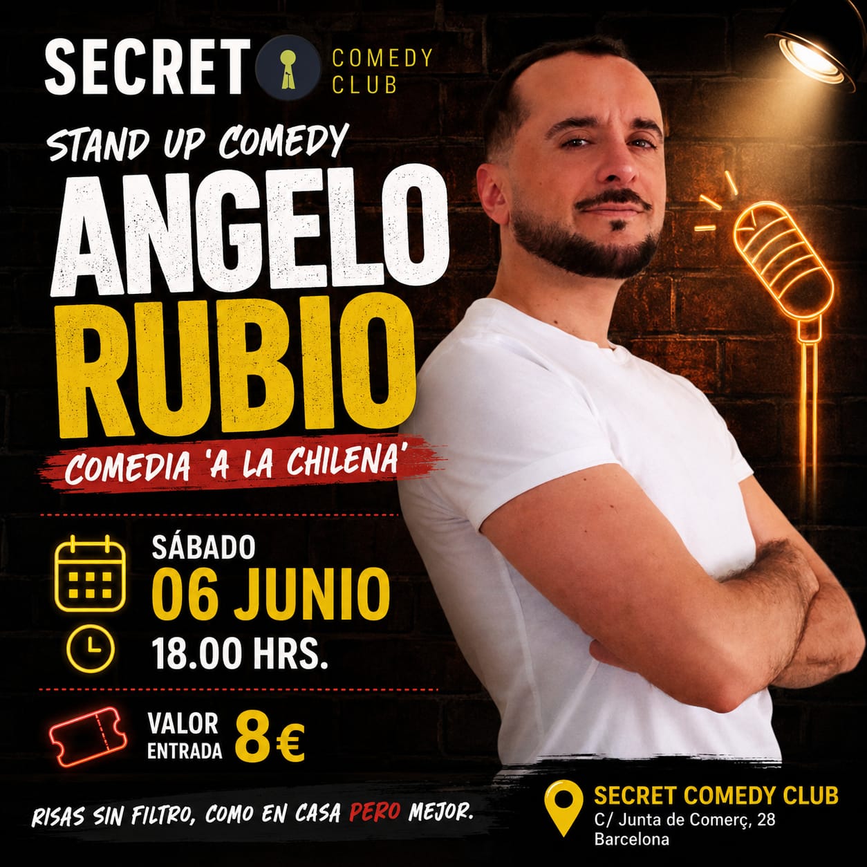 Cartel del show Angelo Rubio Comedia a la Chilena stand up comedy en Secret Comedy Club Barcelona