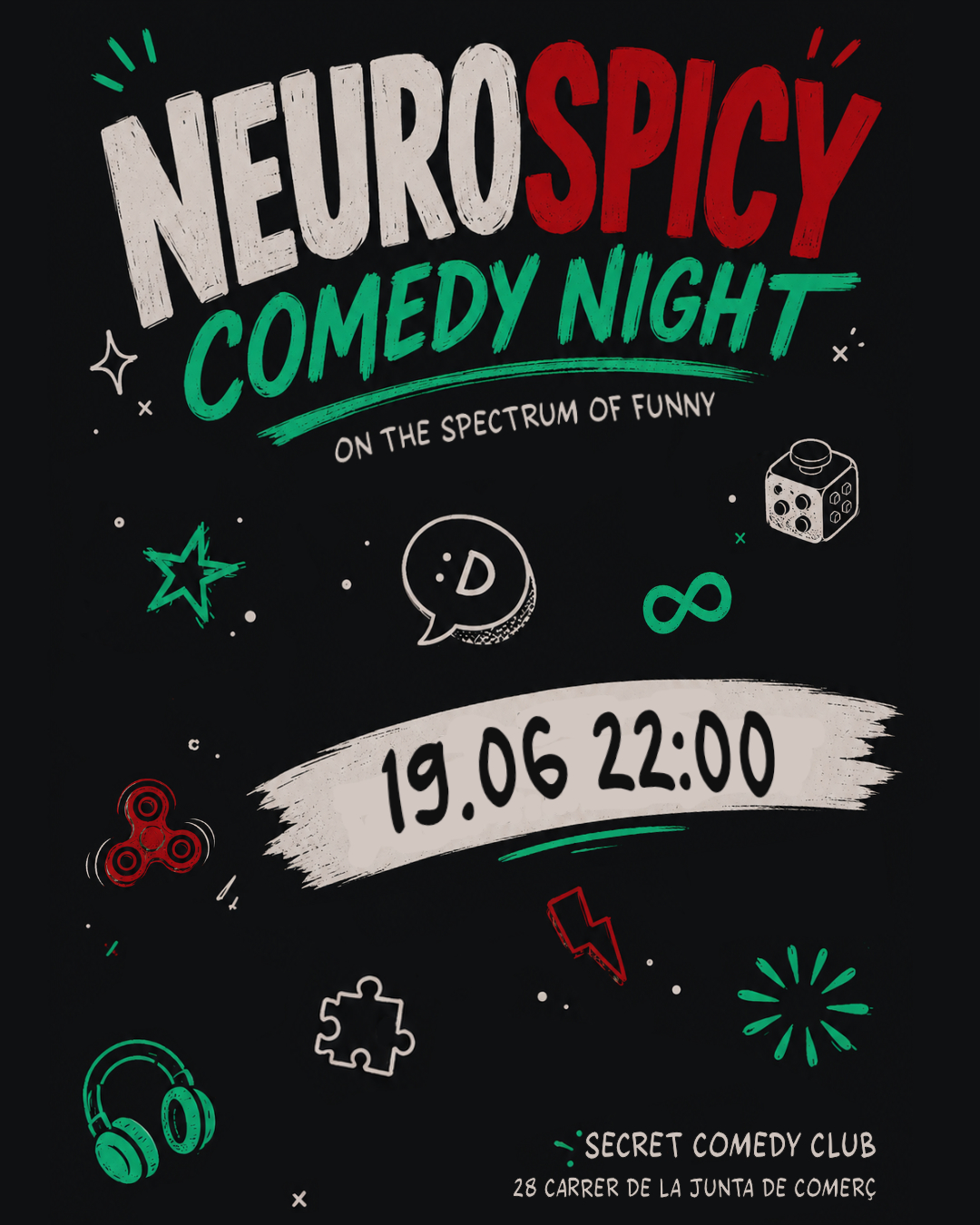 Poster for Neurospicy Comedy Night at Secret Comedy Club Barcelona featuring neurodivergent stand-up comedians