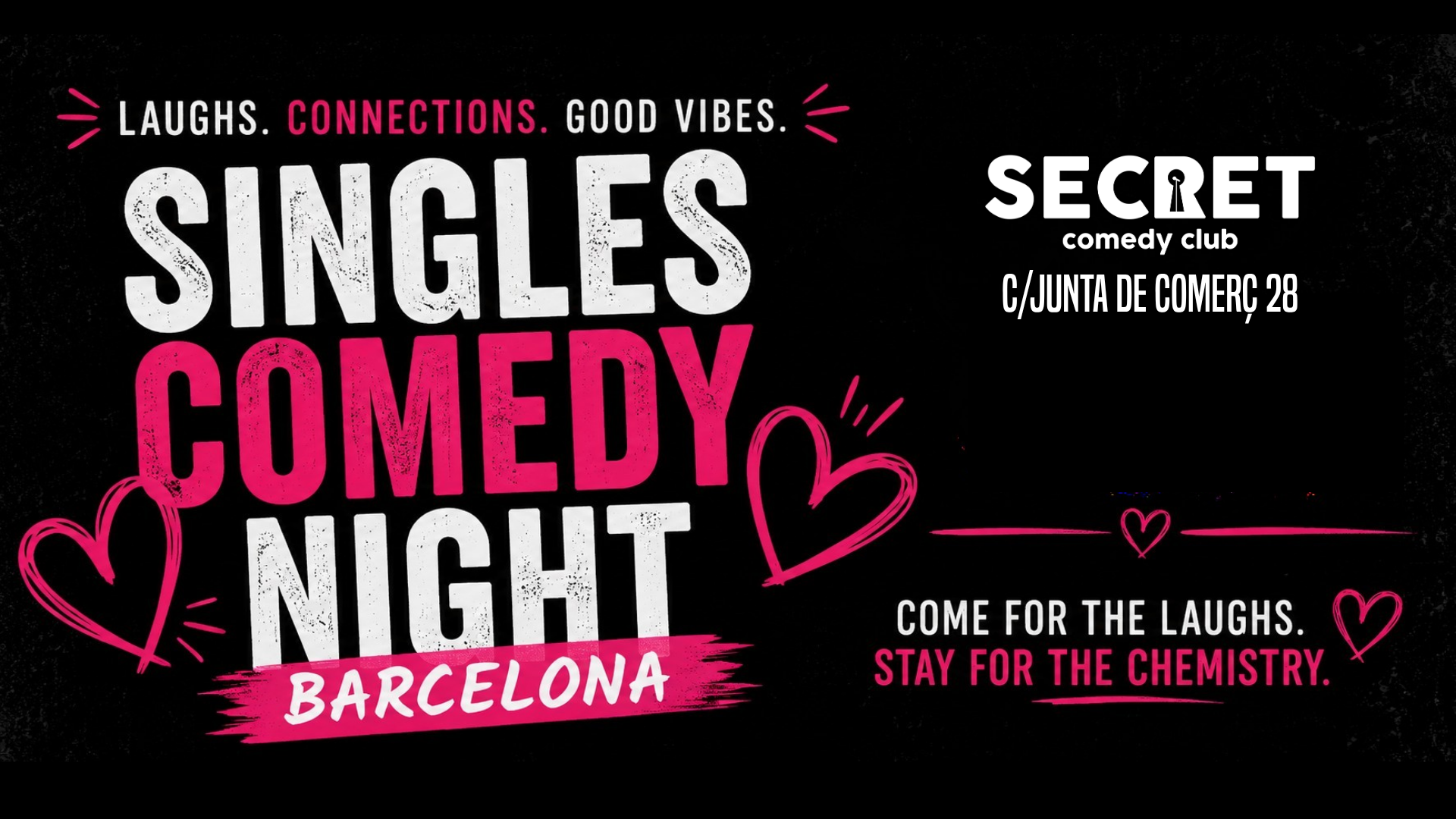 poster for singles comedy night in Barcelona